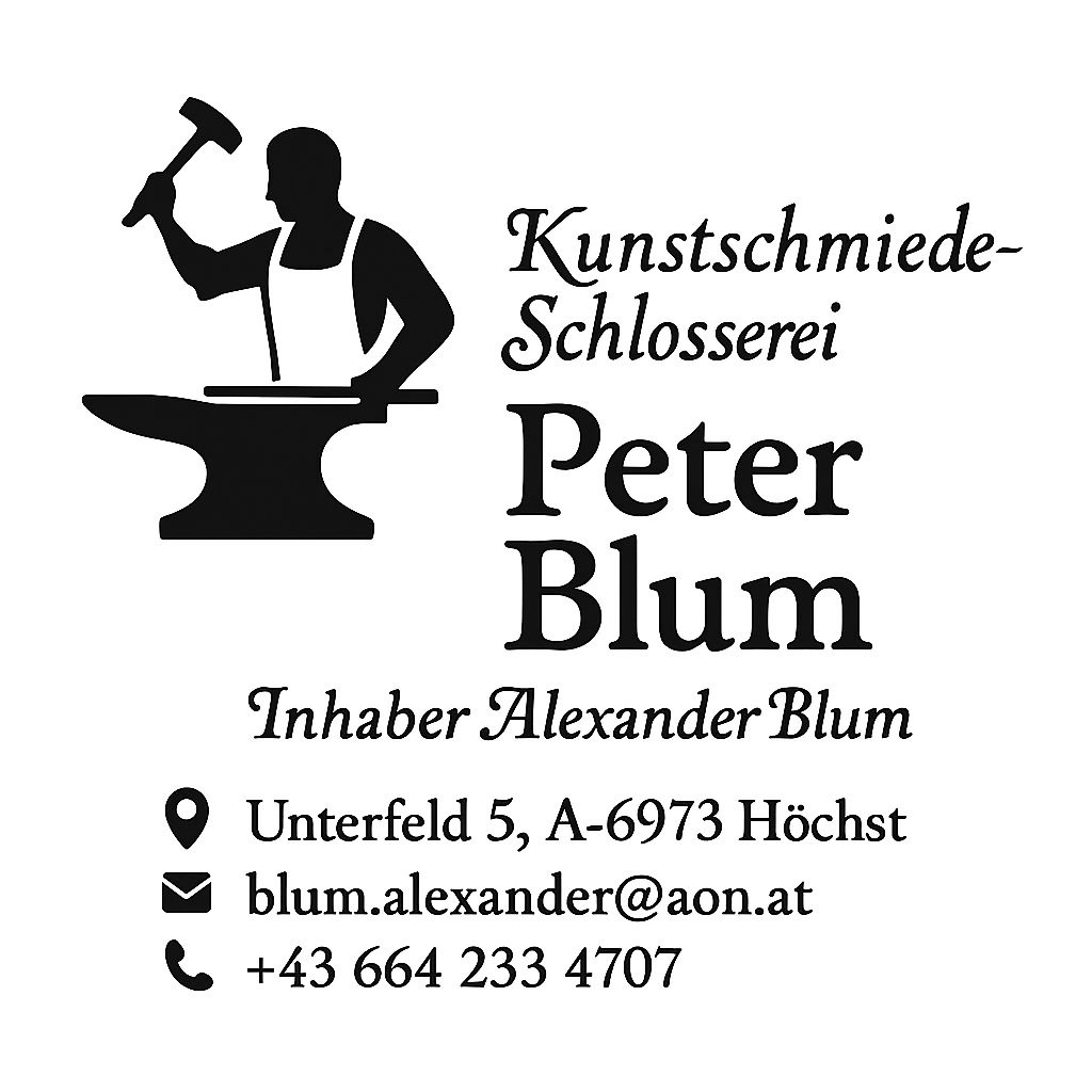 Logo der Kunstschmiede-Schlosserei Peter Blum mit Hammer und Amboss-Symbol.