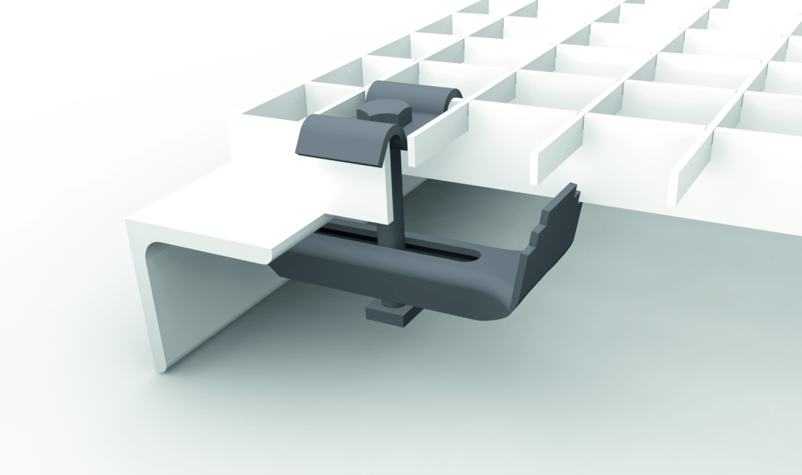 Befestigungselement für Treppenstufen in einem technischen Design, schwarz und weiß.