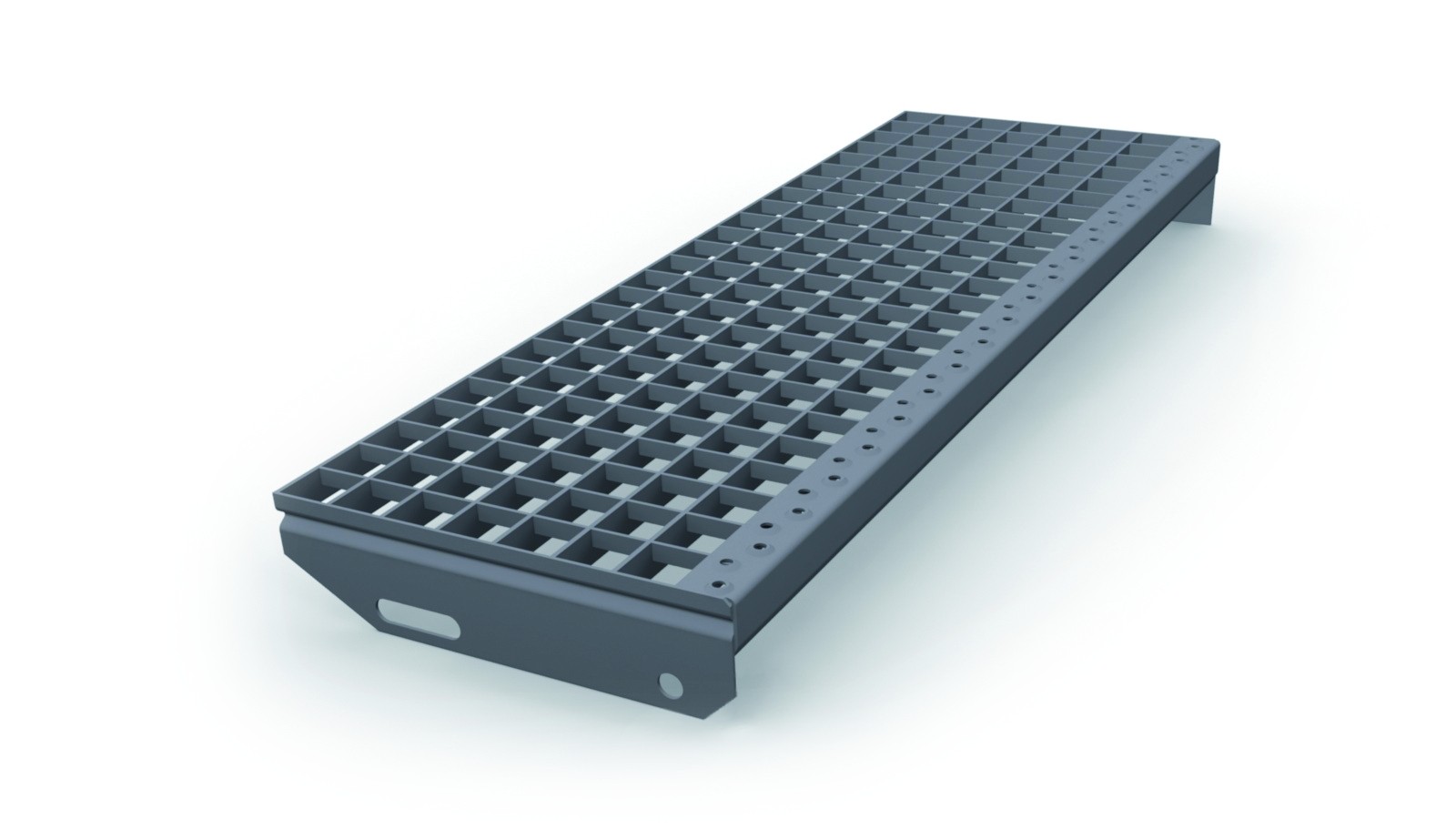 Metallische Treppenstufe mit rutschfester Oberfläche und quadratischen Öffnungen für Stabilität.