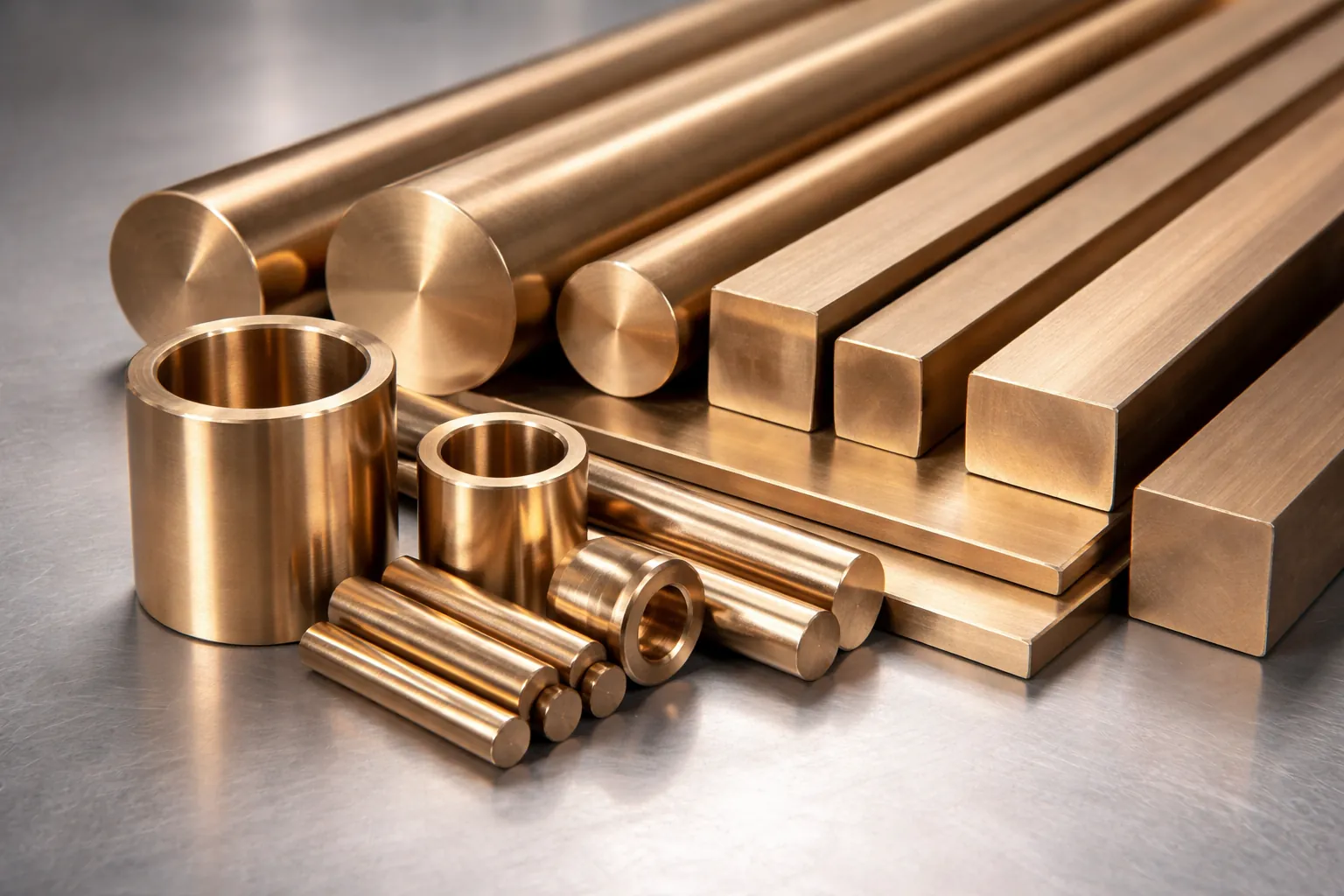 Verschiedene Bronzestangen und -rohre in unterschiedlichen Formen und Größen auf einer metallischen Oberfläche.