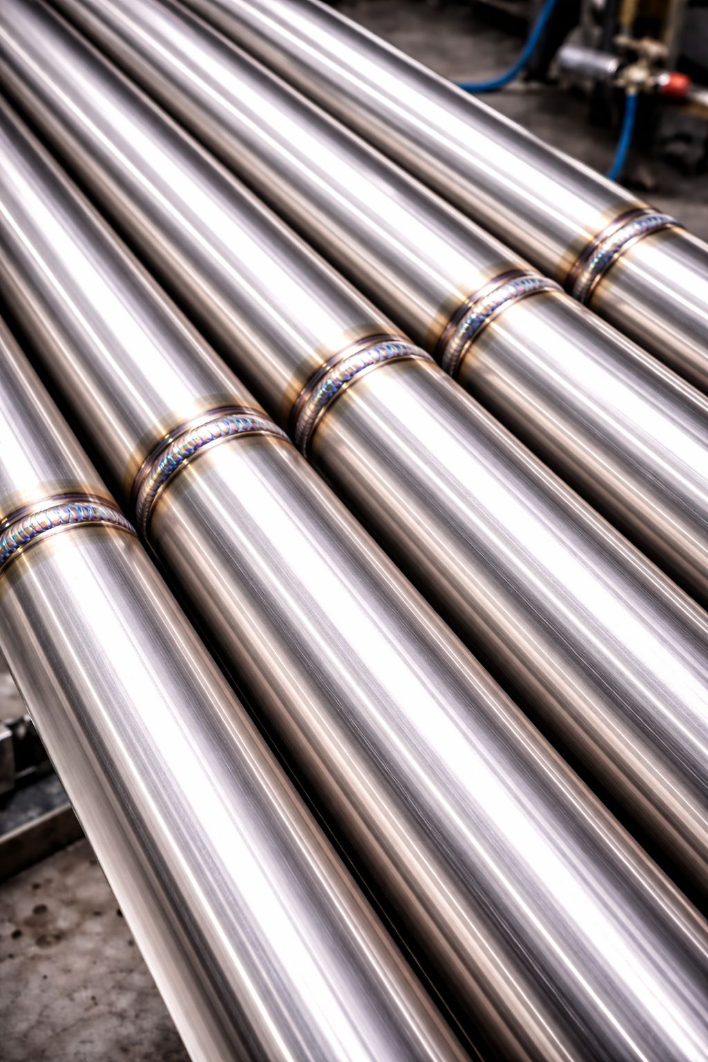 Reihe von geschweißten Edelstahlrohren mit sichtbaren Schweißnähten in einer industriellen Umgebung.