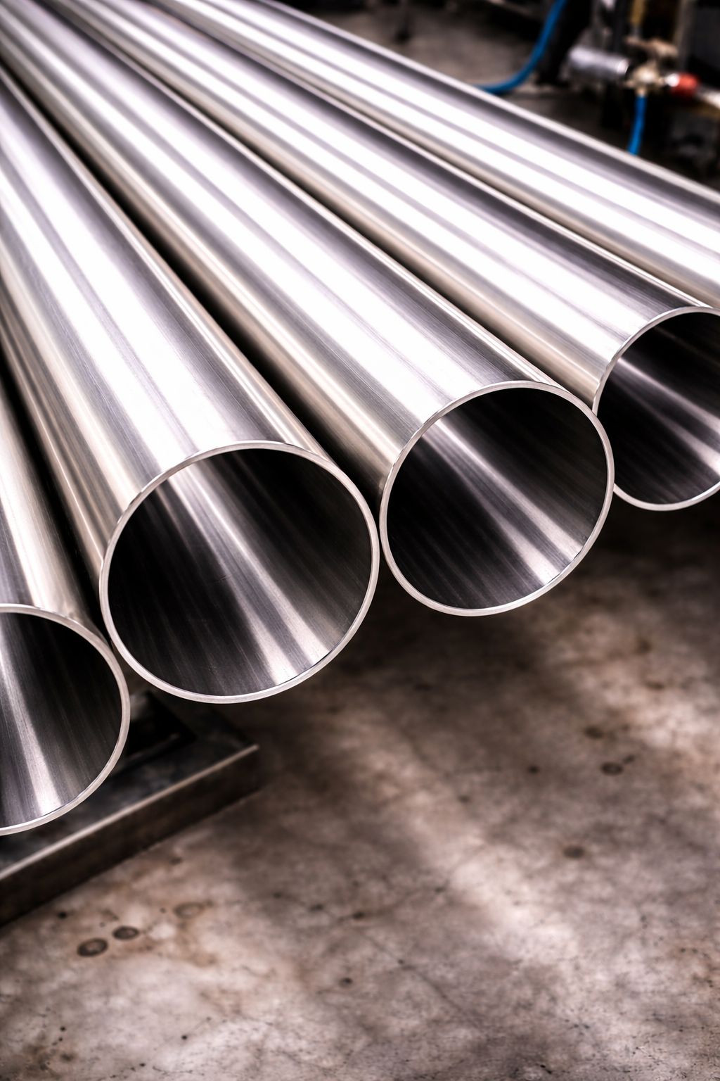 Nahtlose Edelstahlrohre in einer Reihe, die auf einem industriellen Untergrund liegen.
