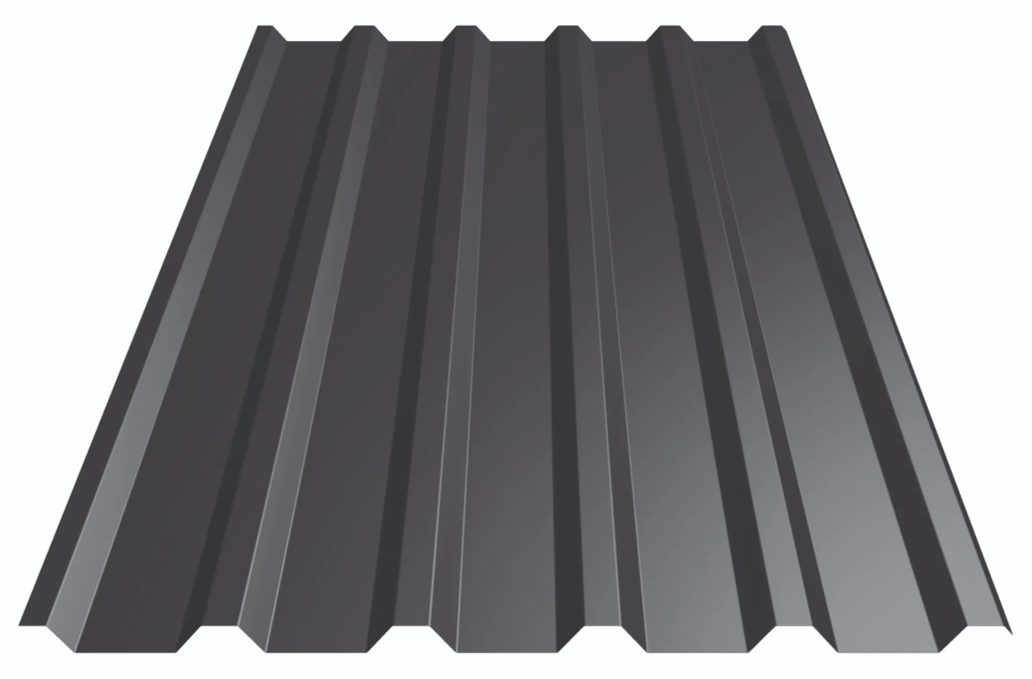 Trapezprofil in dunkelgrau mit trapezförmigem Profil, geriffelte Metalloberfläche und gleichmäßiger Lamellenstruktur für Dach- und Wandpaneele.