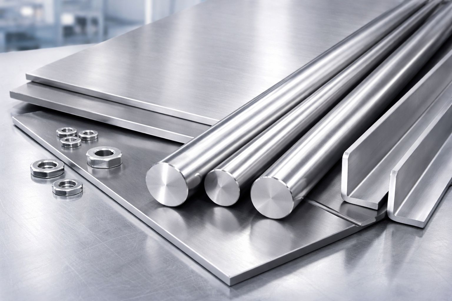 Edelstahlplatten, runde Stangen und Unterlegscheiben auf einer Arbeitsfläche.