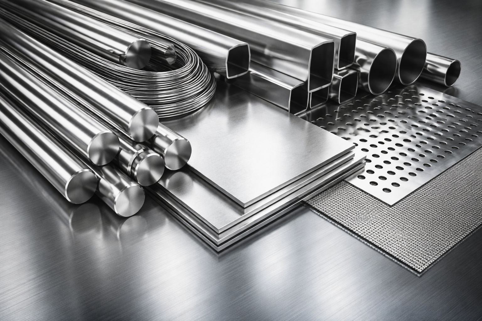 Verschiedene Edelstahlrohre, Bleche und Gitter auf einer metallischen Oberfläche angeordnet.