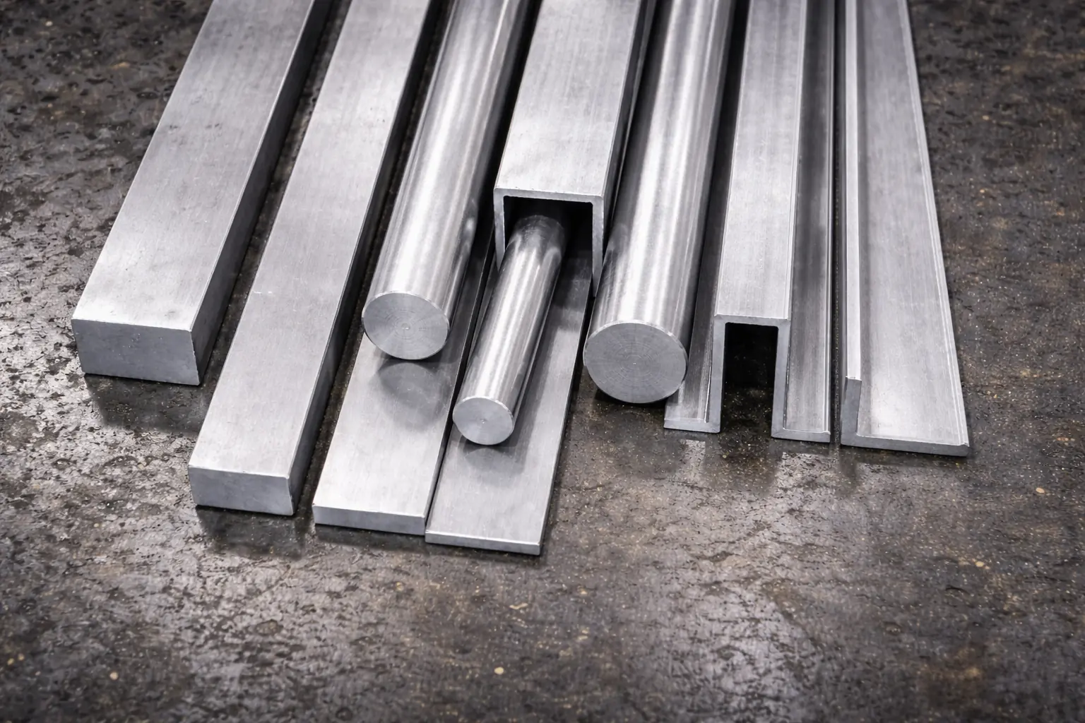 Eine Anordnung von verschiedenen Metallstäben und -profilen aus Stahl auf einer Werkbank.