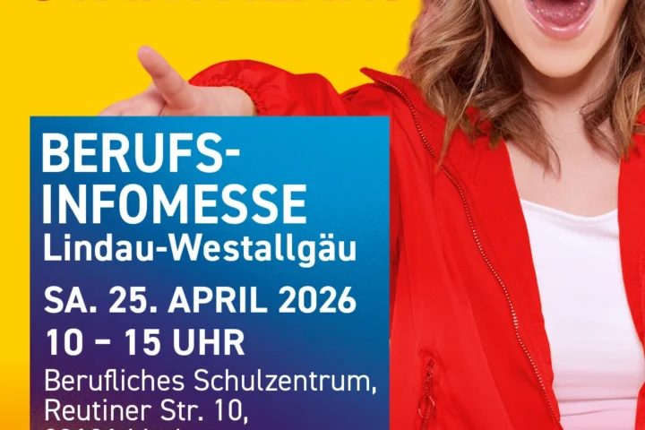 Fröhliche junge Frau mit rosa Mütze und roter Jacke vor gelbem Hintergrund; Text 'BERUFSINFOMESSE Lindau-Westallgäu' in einer blauen Fläche, weitere Details zum Event sichtbar.