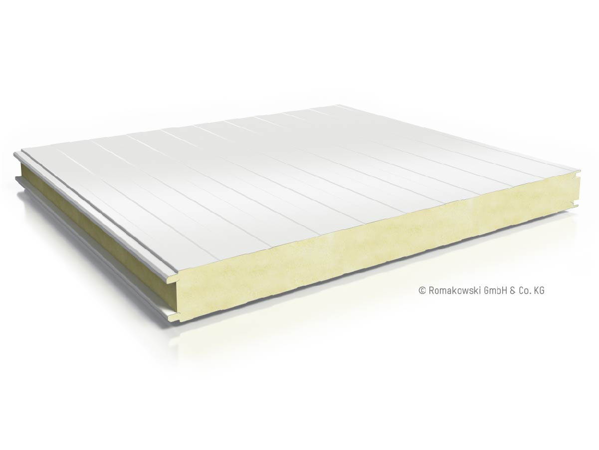 Flaches Paneel mit weißer Deckschicht und gelblich gedämmtem Kern für Industrie und Handwerk, klar strukturierte Profilflächen.