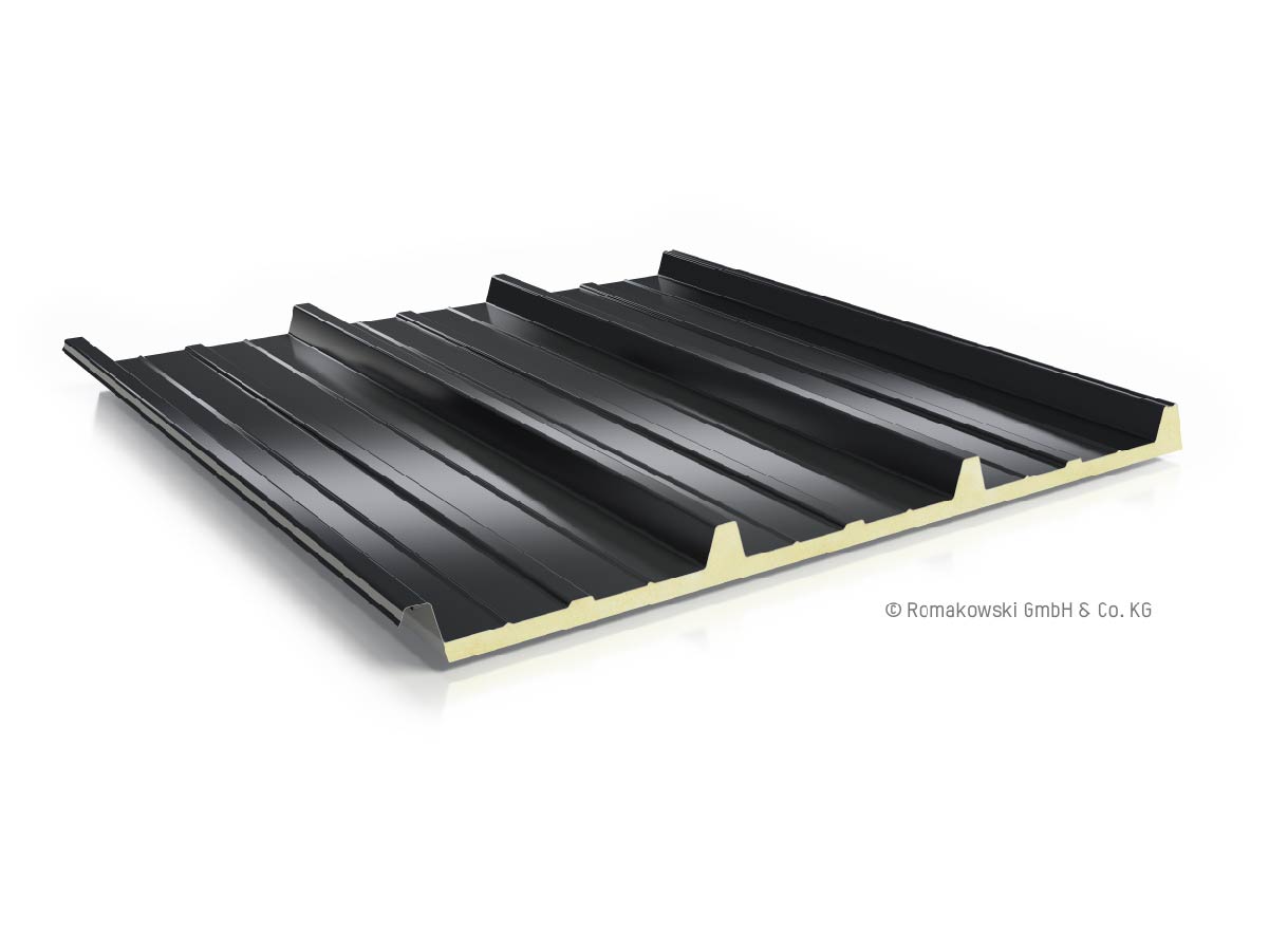 Schwarzes geripptes Paneel vom Typ DUO mit beigem Untergrund, eine klare Doppelprofil-Struktur; © Romakowski GmbH &amp; Co. KG.